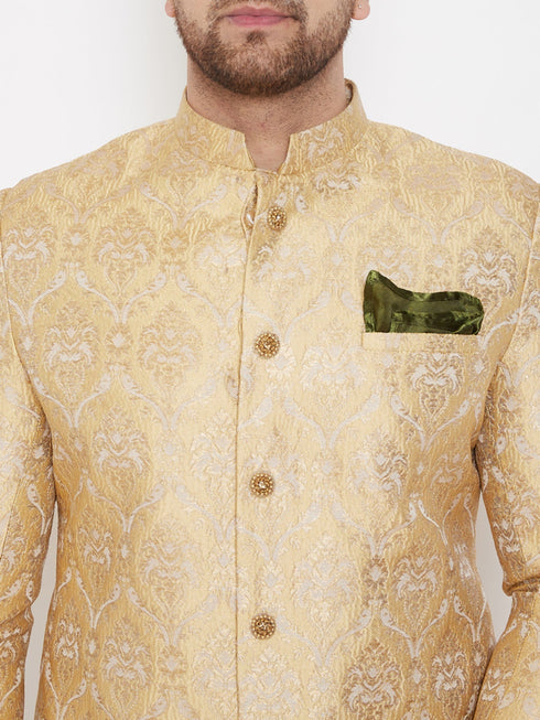 Vastramay Men's Golden Brocade Slim Fit Sherwani Set